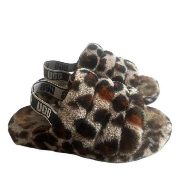 UGG Fluff‎ Yeah Cheetah Slipper Shoes Slides Youth Girl Boy size 4 (4Y) - Picture 1 of 7